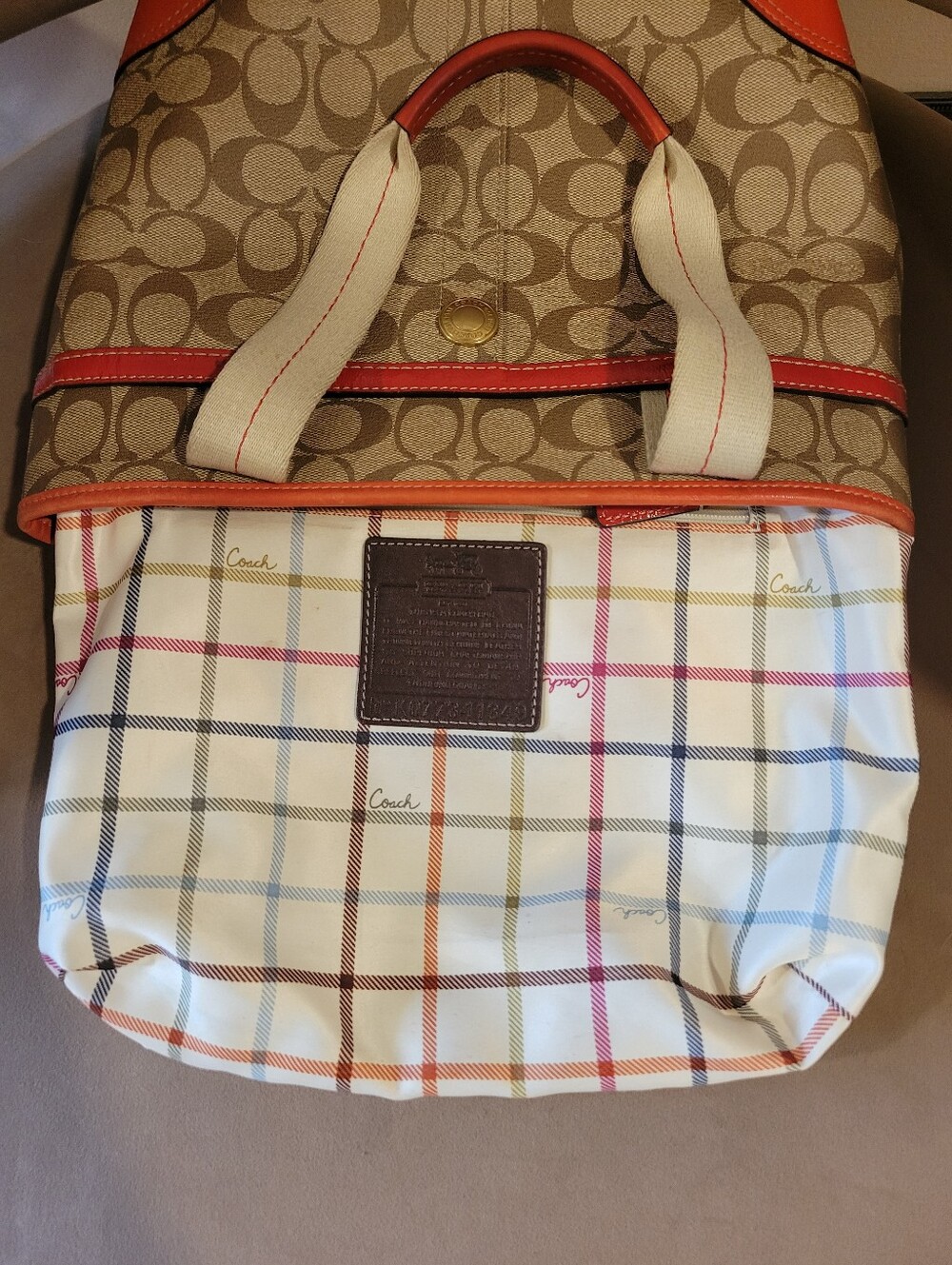 COACH Signature Tattersall Lining Canvas Tote with Red Accents - Picture 5 of 14